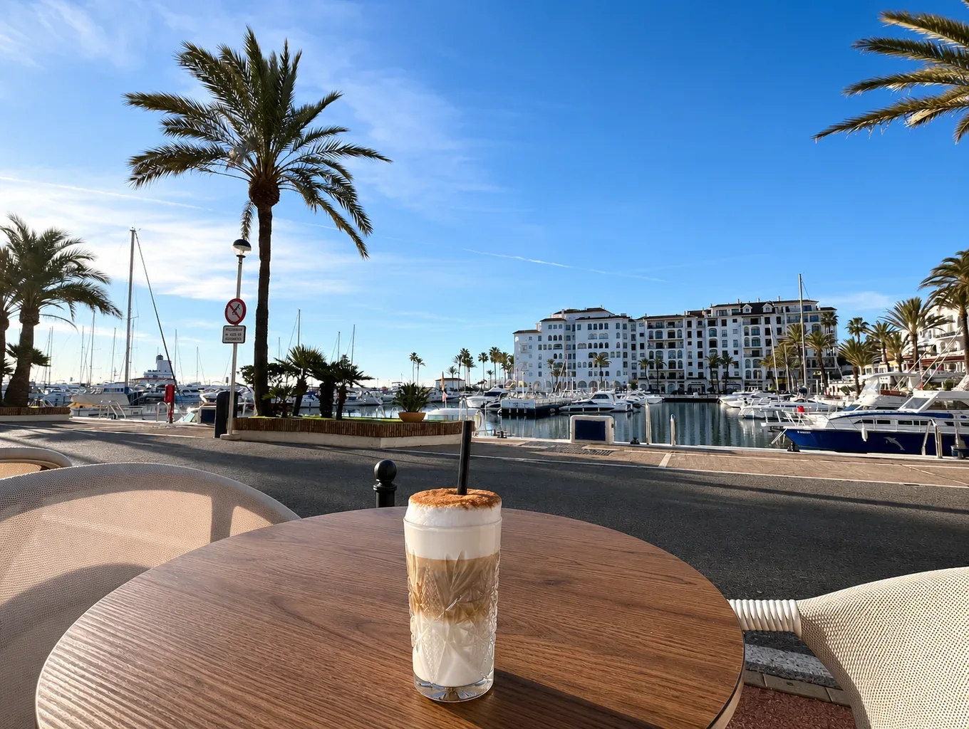 Morning coffee on a café terrace overlooking Duquesa Port marina — palms, moored boats and a clear Costa del Sol sky