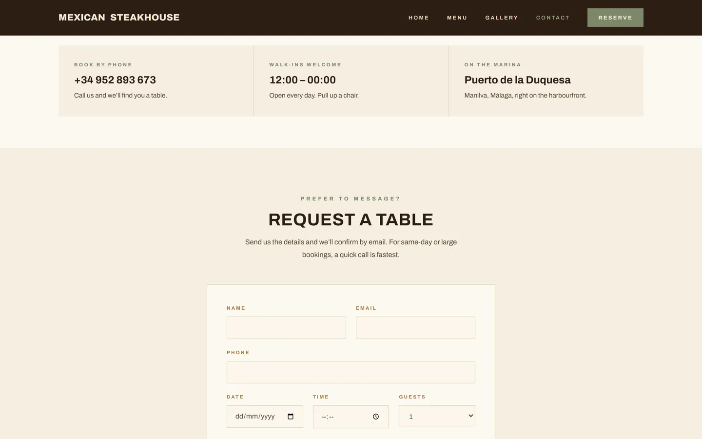 The Mexican Steakhouse &lsquo;Request a table&rsquo; page — book-by-phone details above a form for name, email, phone, date, time and guests