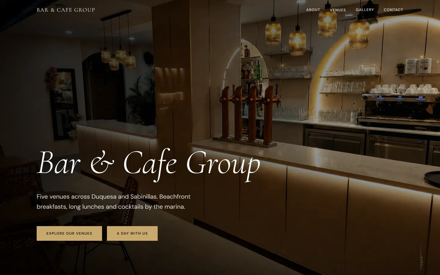 The Bar and Cafe Group homepage introducing five Costa del Sol venues