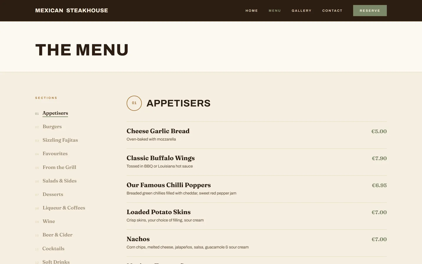 The Mexican Steakhouse menu page — a sticky section index beside numbered menu categories with dishes, descriptions and prices