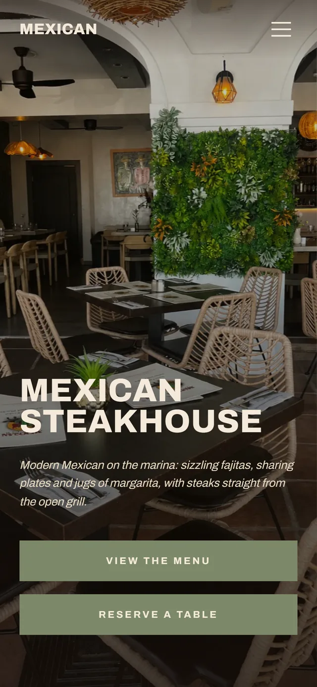The Mexican Steakhouse website on a phone — full-bleed hero, condensed heading and stacked buttons