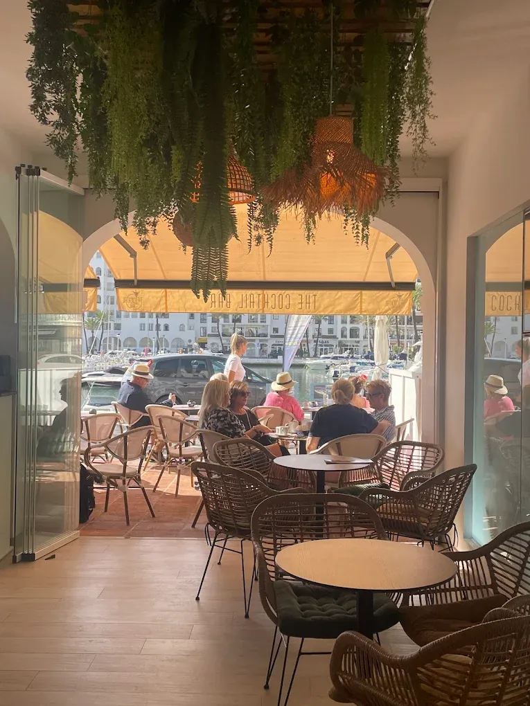 The Cocktail Bar terrace at Duquesa marina, framed by hanging ferns and a golden awning