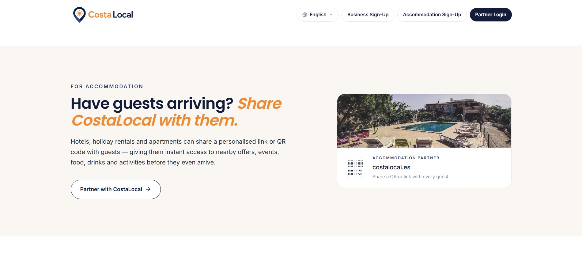 CostaLocal accommodation partner QR sharing on the web platform