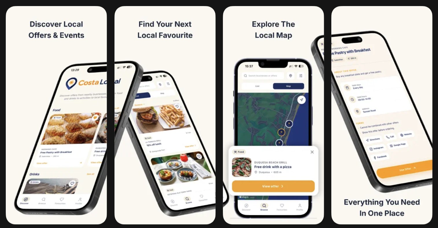 CostaLocal mobile app screens showing offers, map and offer detail