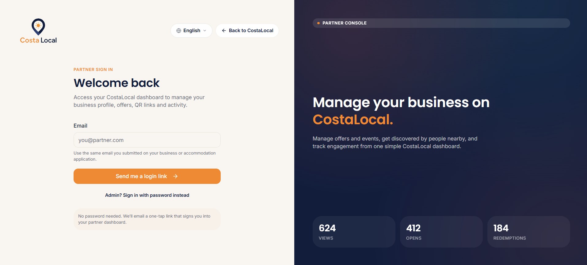 CostaLocal partner dashboard sign in with live engagement stats